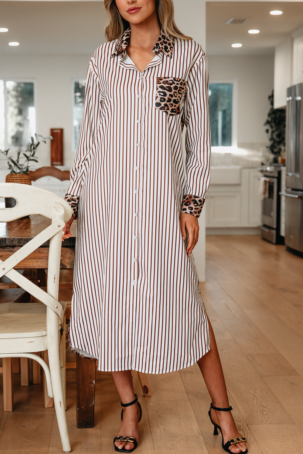 Vestido camisero largo con retazos de leopardo