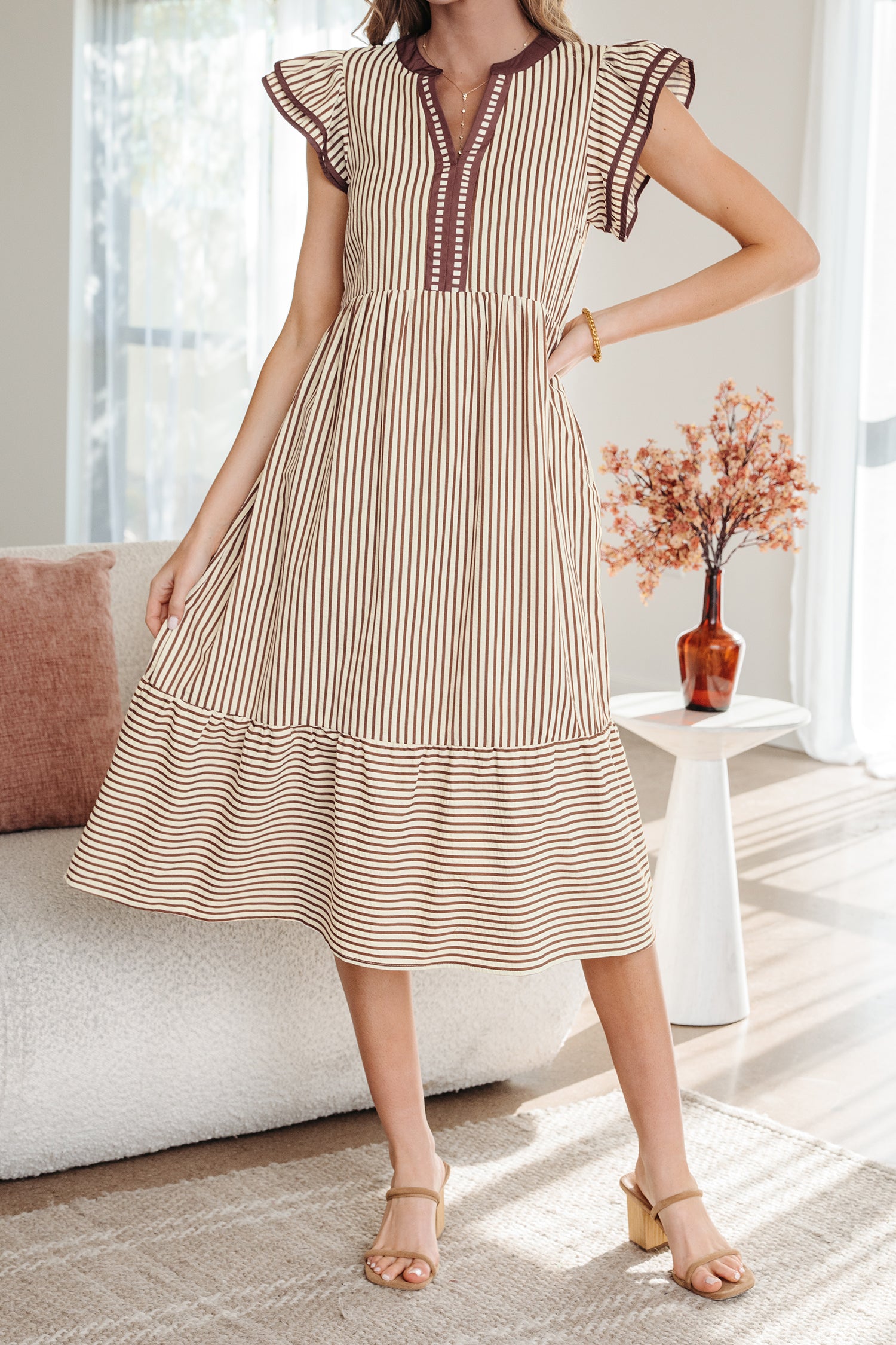 Vestido midi rayas con volantes dobles