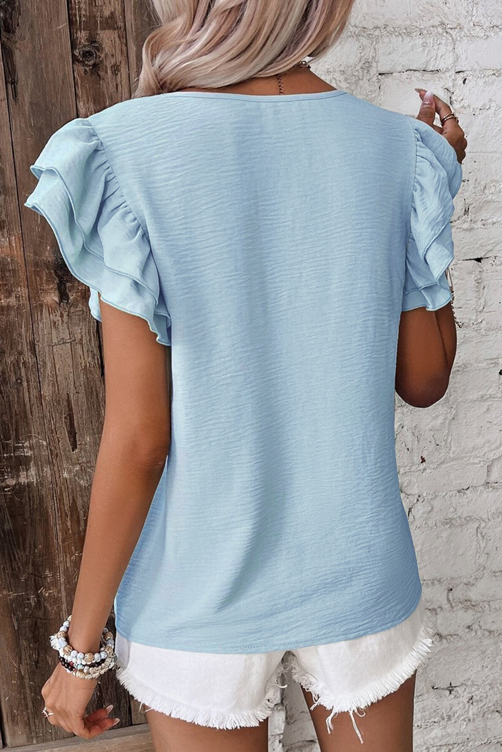 Mist Blue Solid Color Rusfled Manga corta