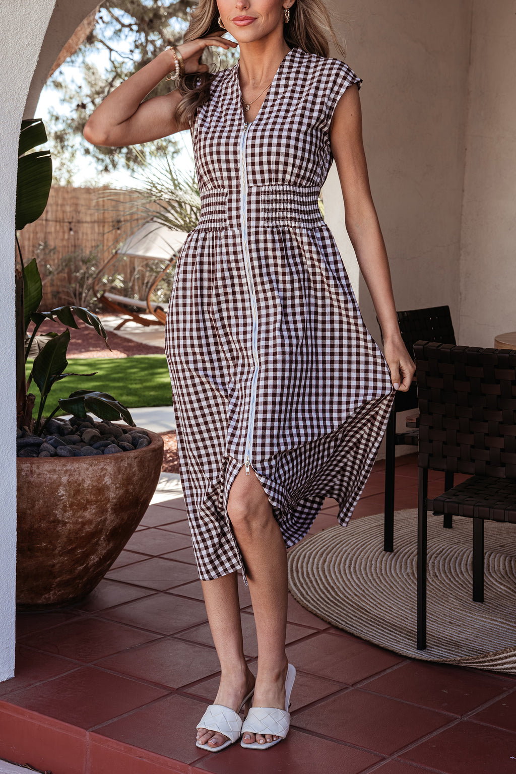 Vestido largo estampado de cuadros con cremallera
