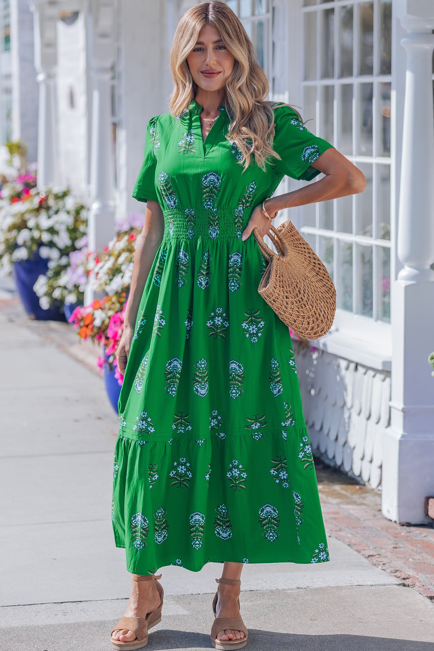 Vestido largo estampado floral cuello dividido