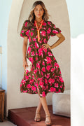Vestido largo estampado floral ribete de rayas