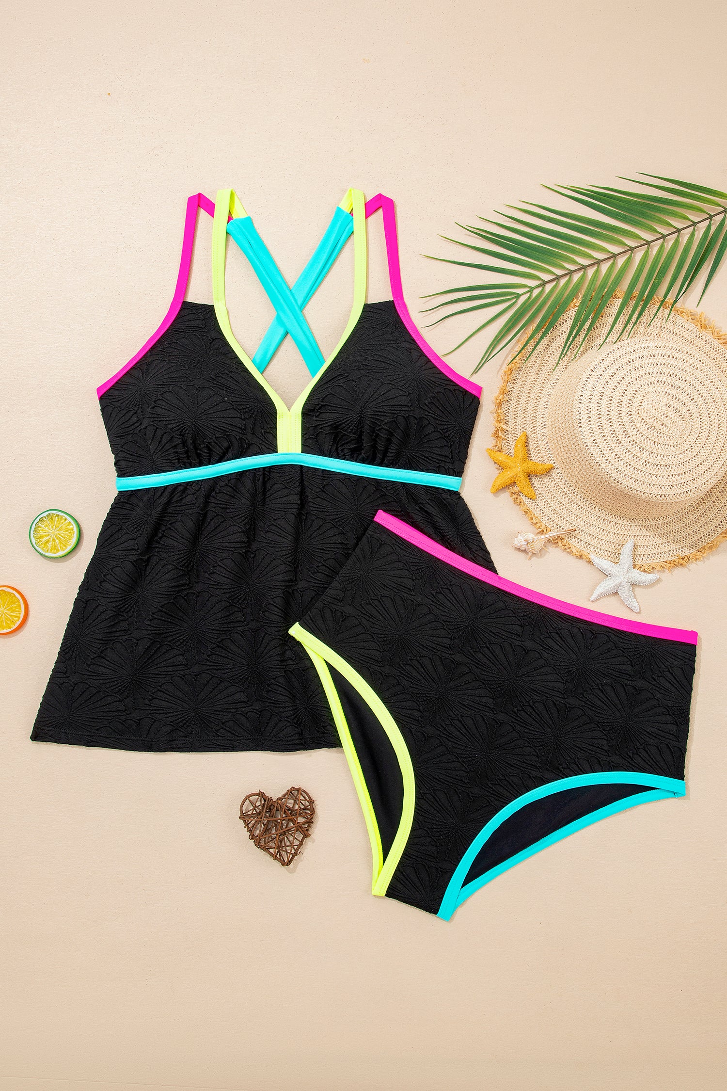 Conjunto de tankini sin espalda entrecruzado con cuello en V