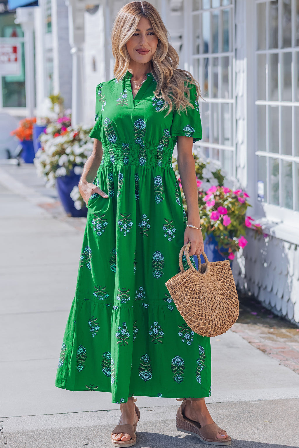 Vestido largo estampado floral cuello dividido