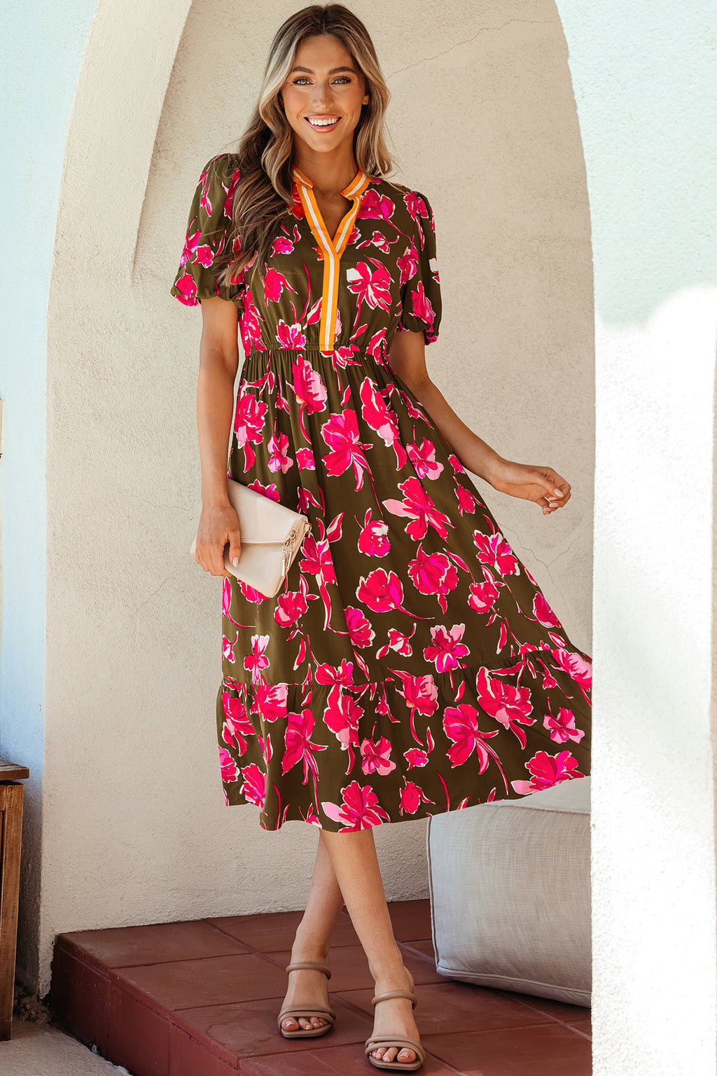 Vestido largo estampado floral ribete de rayas