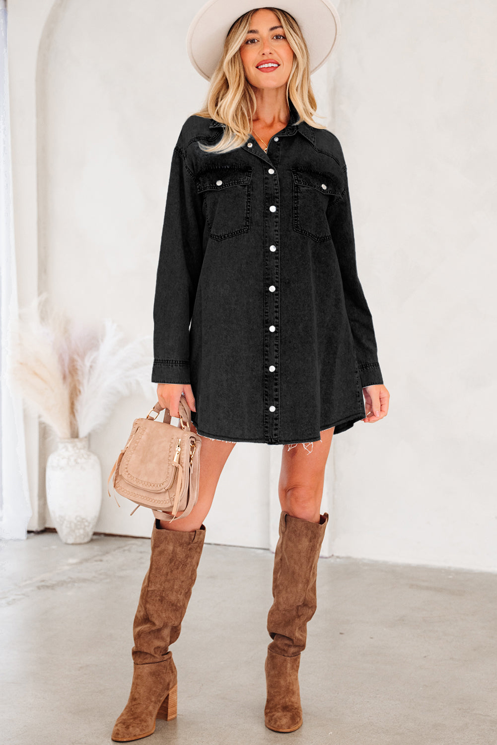 Vestido camisero holgado de mezclilla con dobladillo