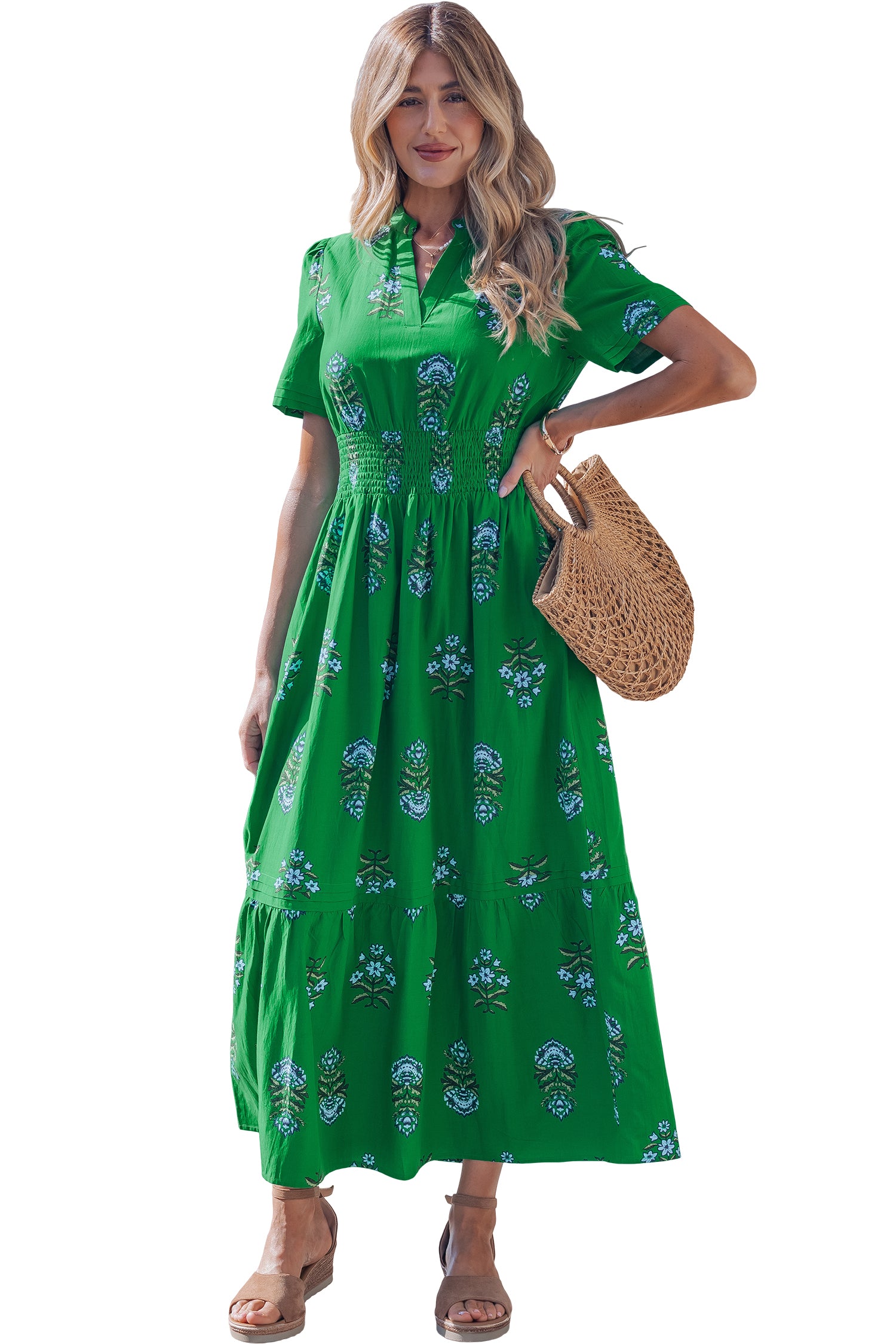 Vestido largo estampado floral cuello dividido