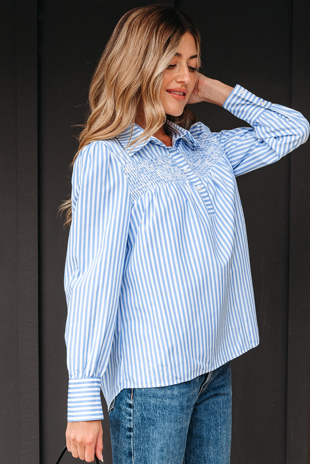 Sky Blue Stripe Shirred
