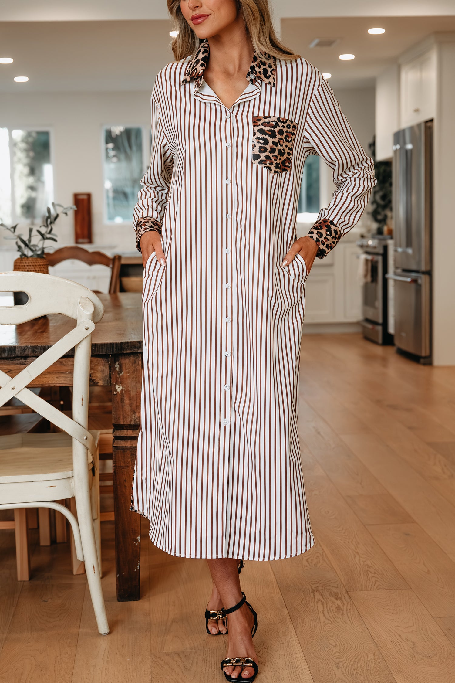 Vestido camisero largo con retazos de leopardo
