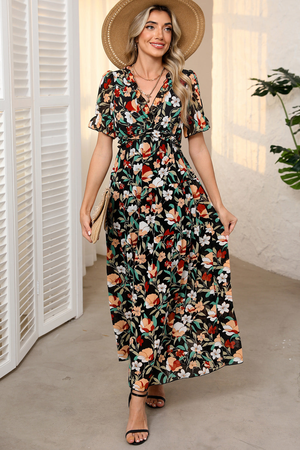 Vestido largo estampado floral ardiente con volantes