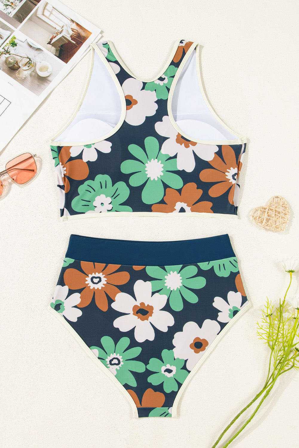 Blue Flower Zip Up Racerback Bikini de cintura alta