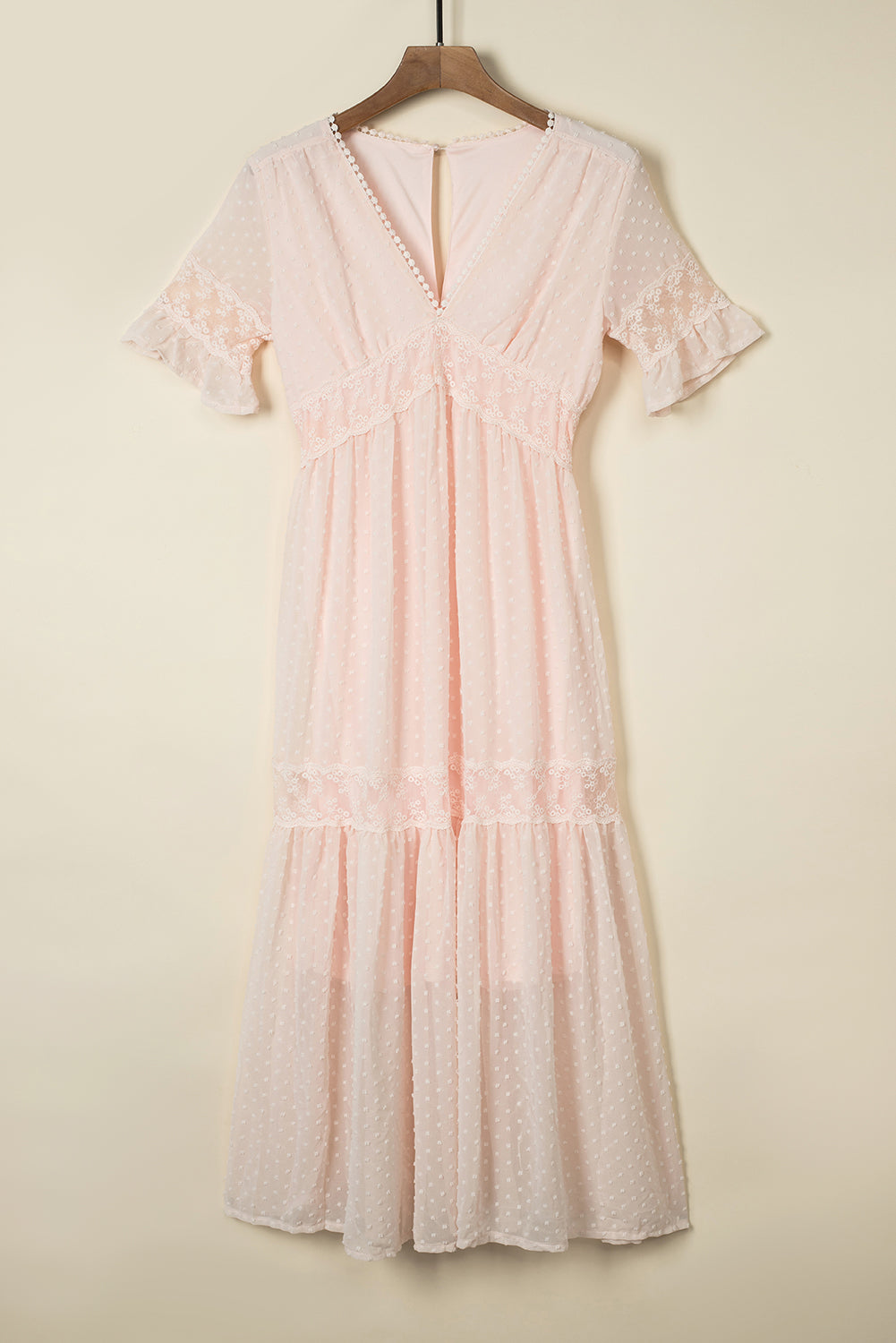 Vestido largo con ribete de encaje y lunares suizos