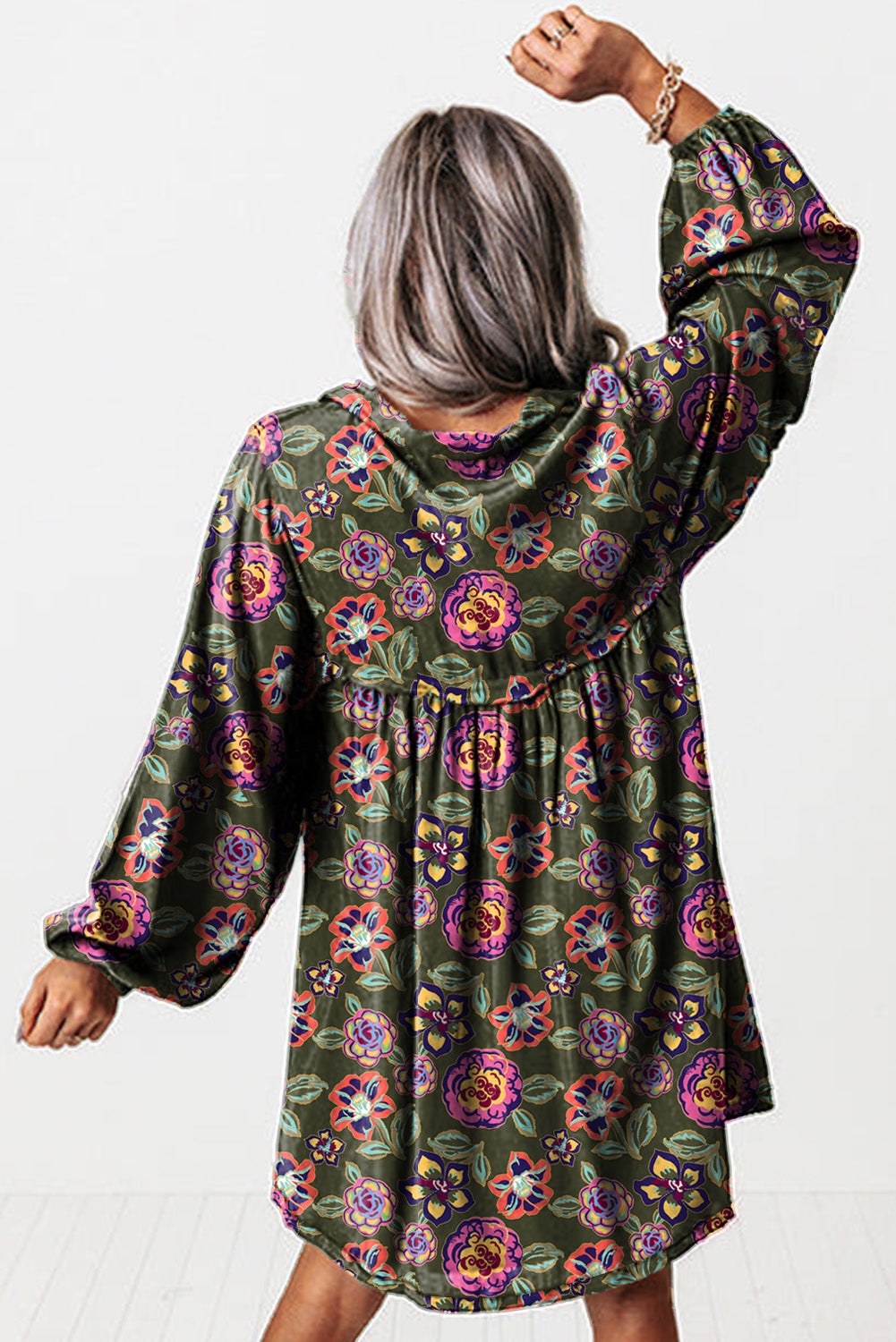 Vestido de manga de burbujas de cuello de estampado floral