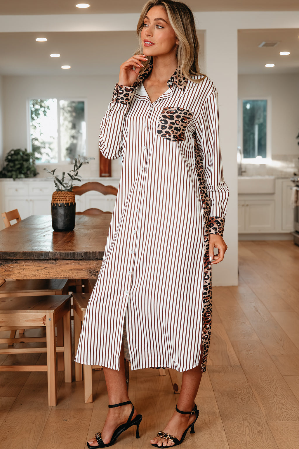 Vestido camisero largo con retazos de leopardo