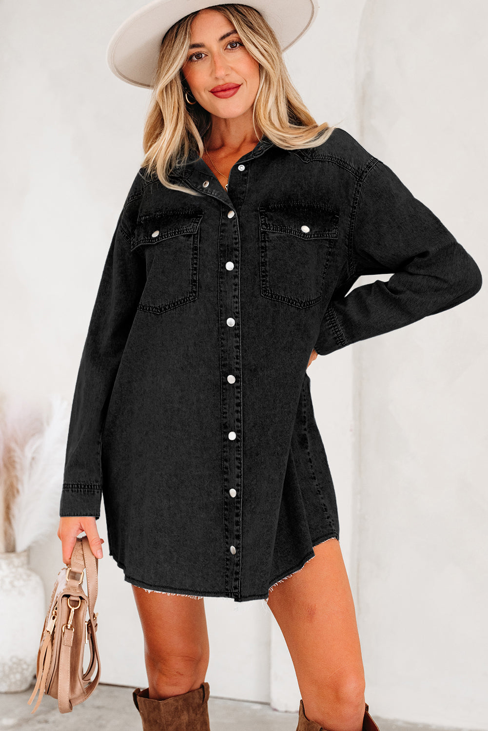 Vestido camisero holgado de mezclilla con dobladillo