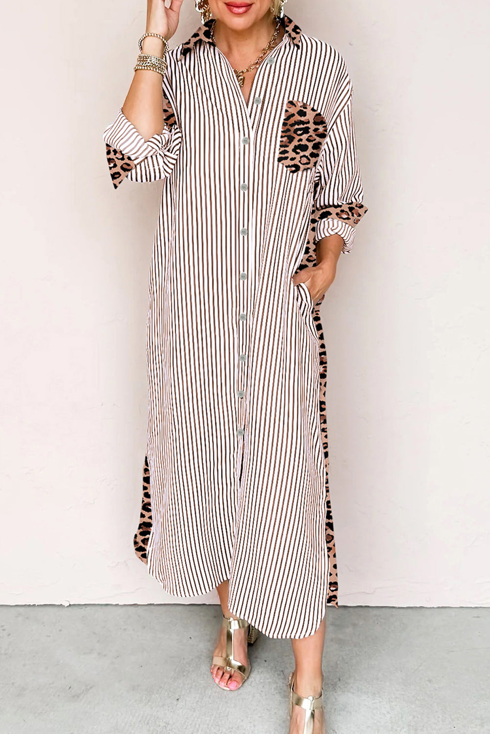 Vestido camisero largo con retazos de leopardo