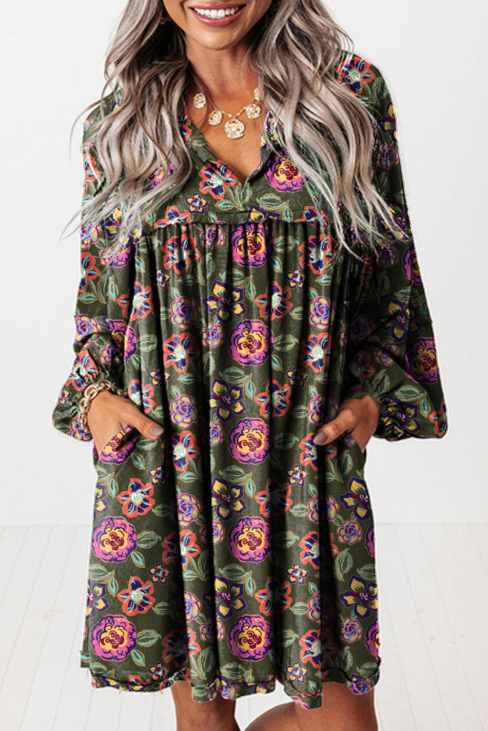 Vestido de manga de burbujas de cuello de estampado floral