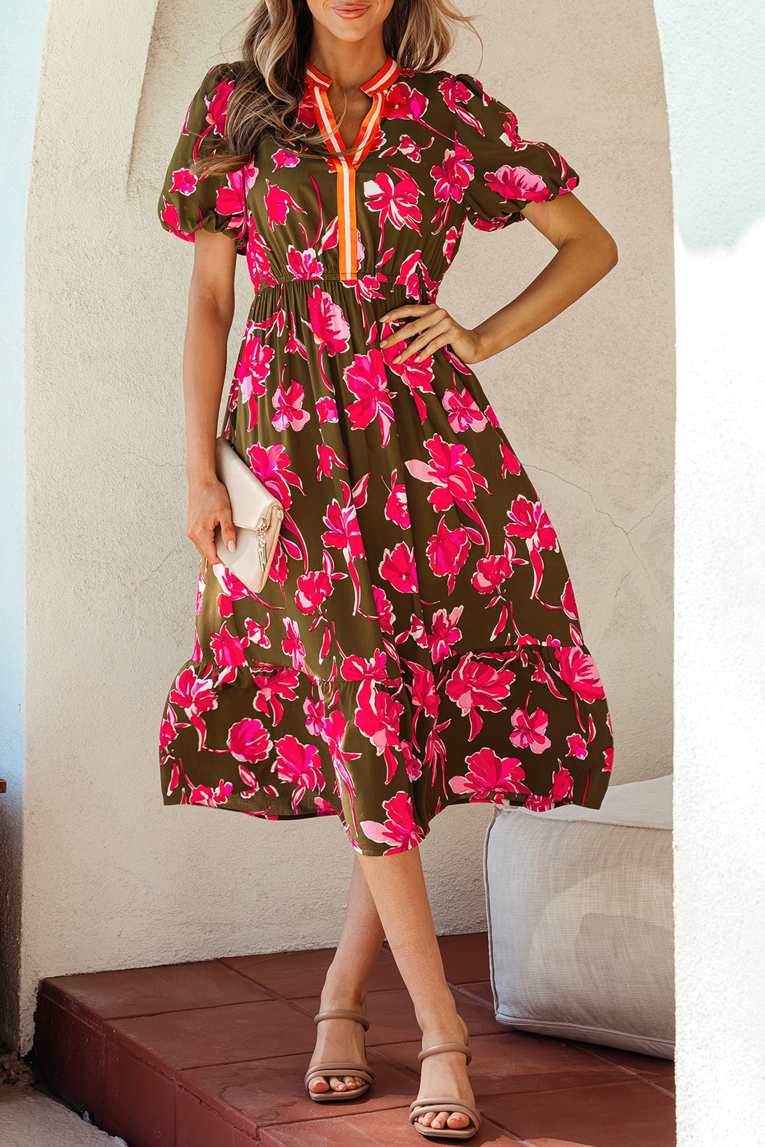 Vestido largo estampado floral ribete de rayas