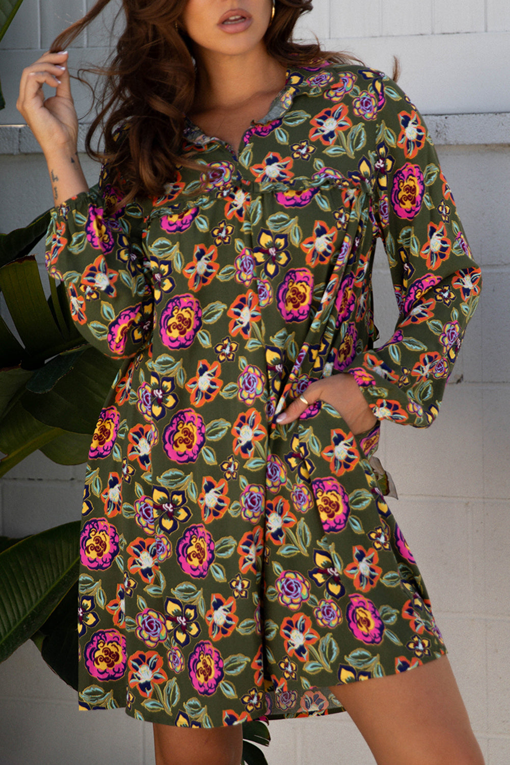 Vestido de manga de burbujas de cuello de estampado floral
