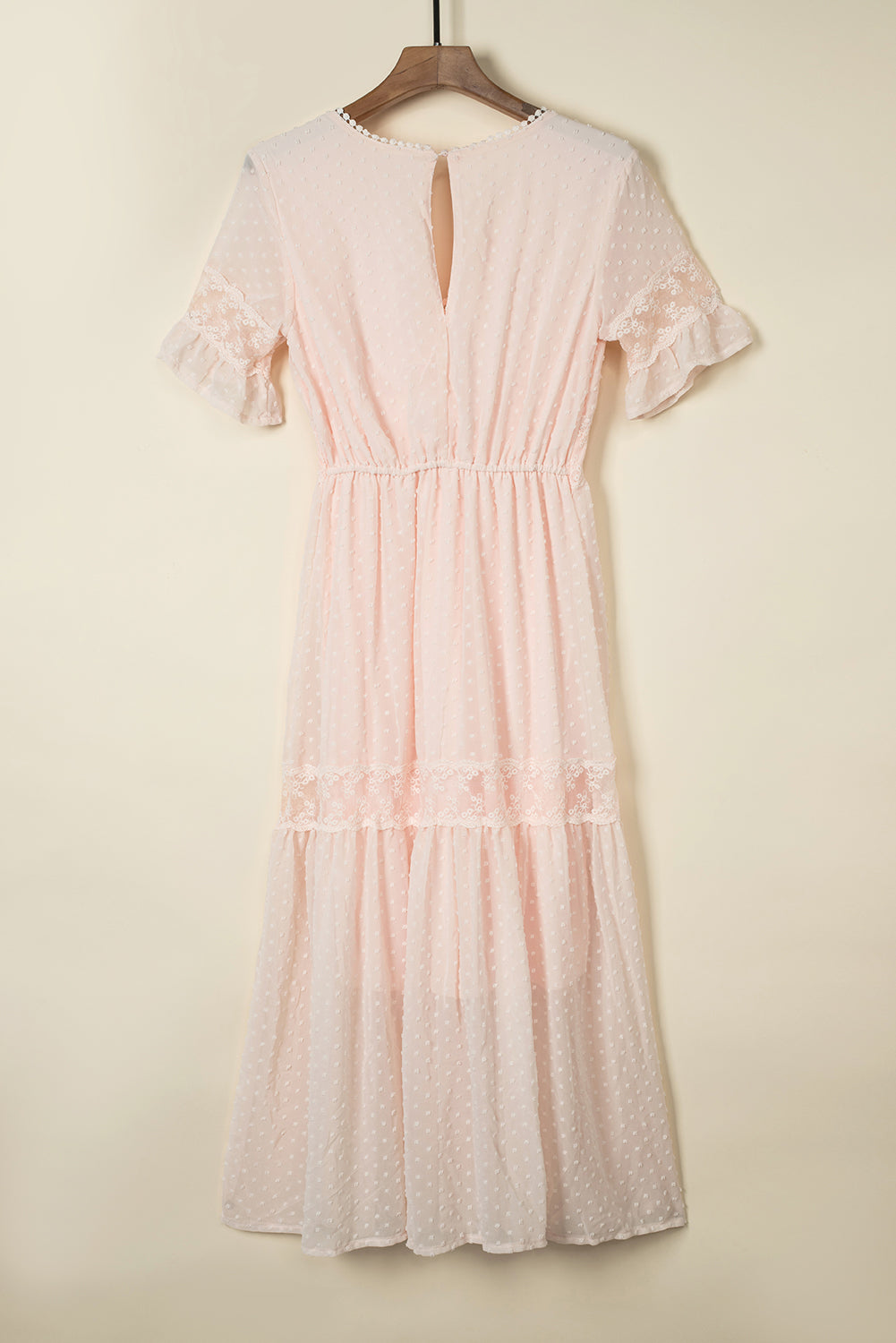 Vestido largo con ribete de encaje y lunares suizos