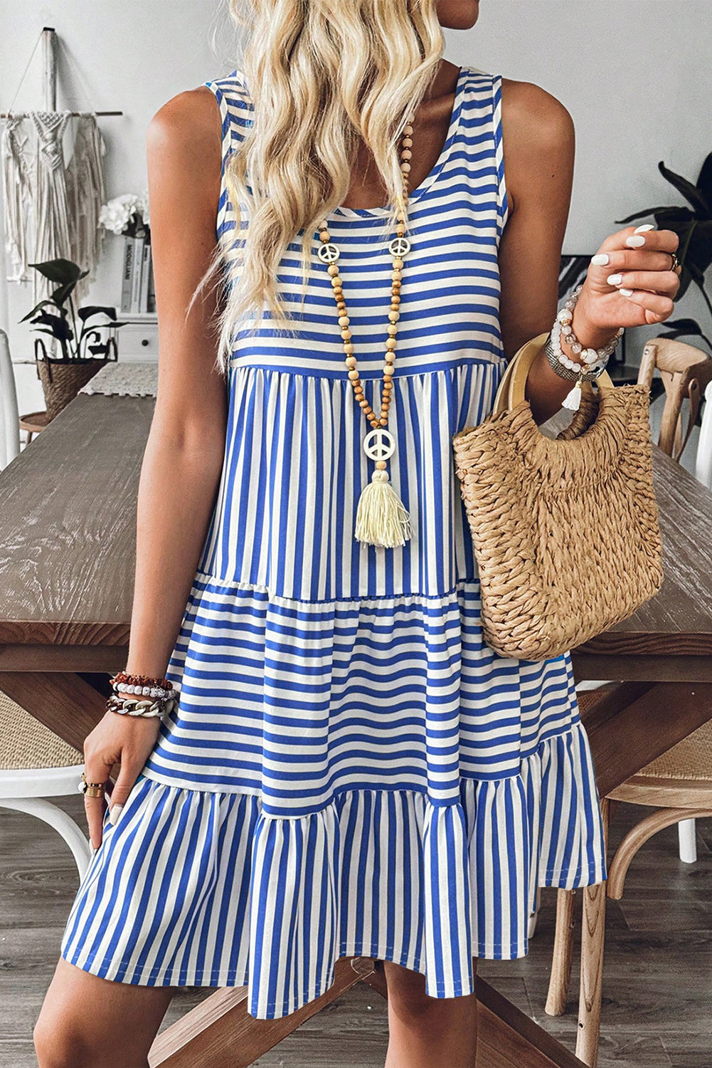 Sky Blue Stripe U Neck Maneveless Fit