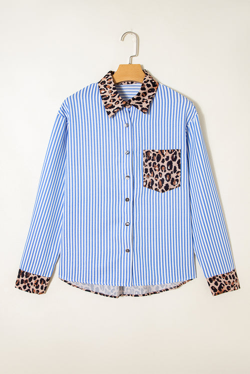Botón de mosaico de leopardo a rayas azul cielo camisa para mujeres