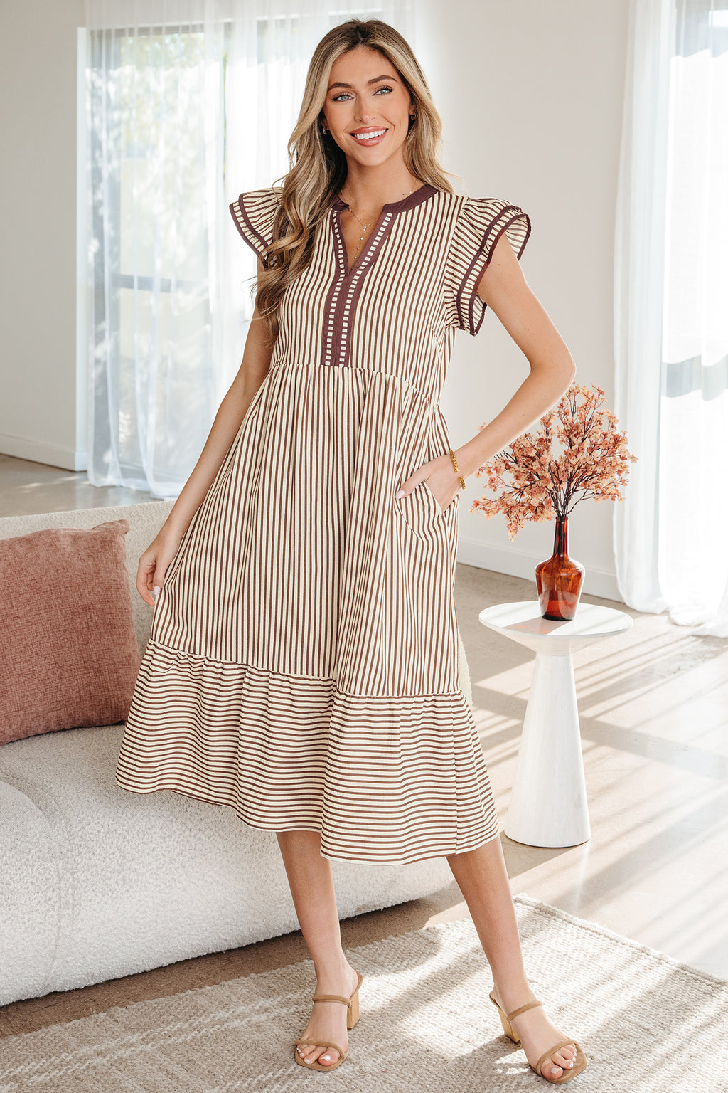 Vestido midi rayas con volantes dobles