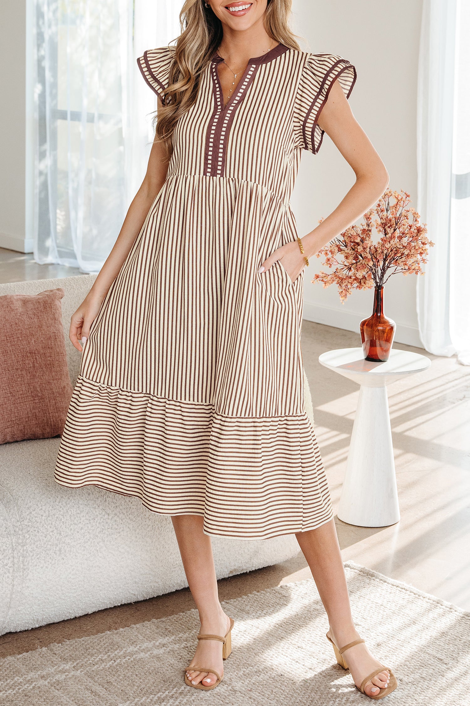 Vestido midi rayas con volantes dobles