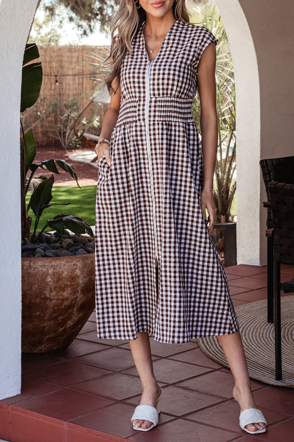 Vestido largo estampado de cuadros con cremallera
