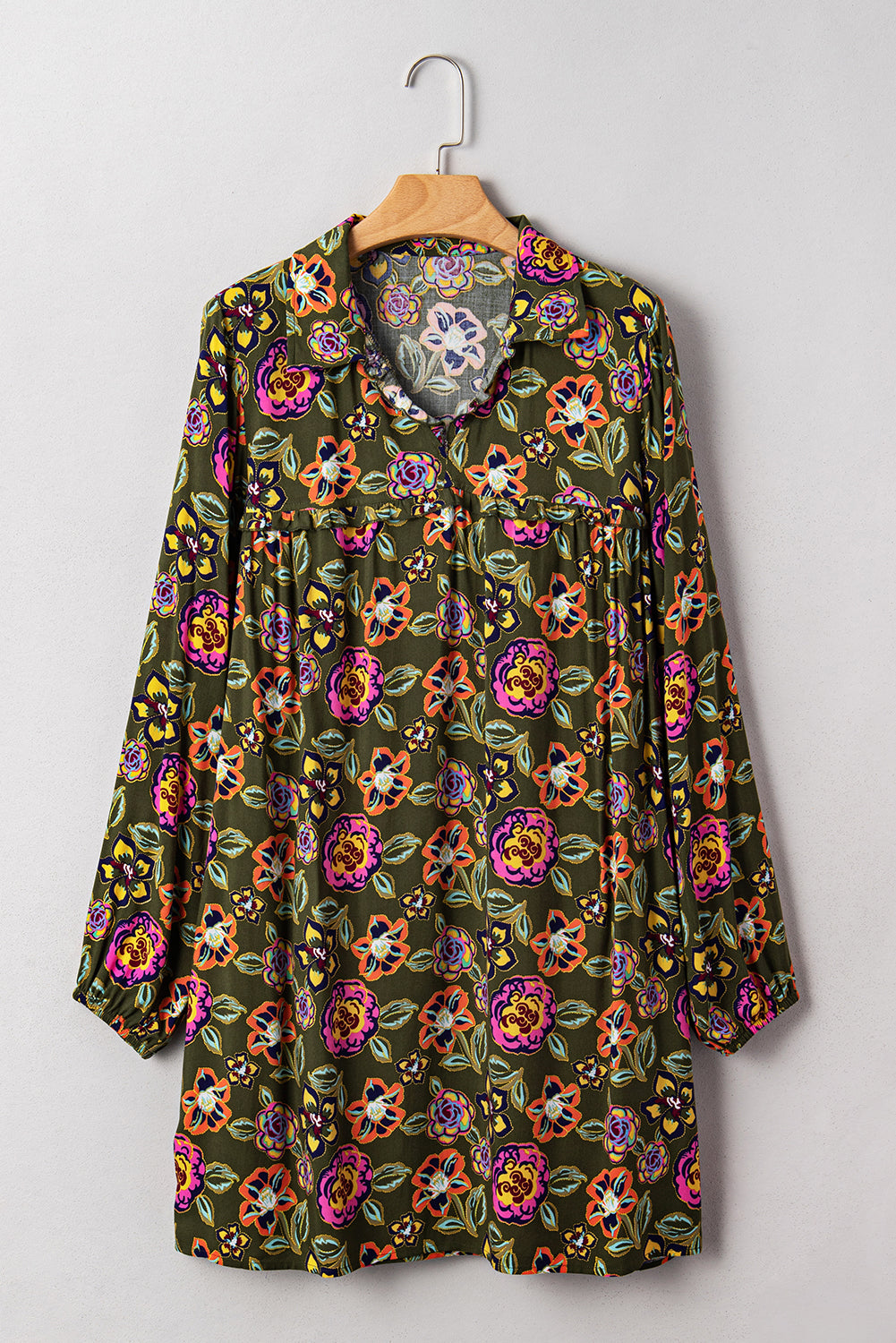 Vestido de manga de burbujas de cuello de estampado floral
