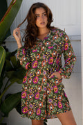 Vestido de manga de burbujas de cuello de estampado floral