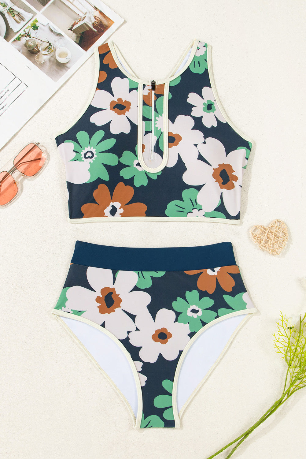 Blue Flower Zip Up Racerback Bikini de cintura alta