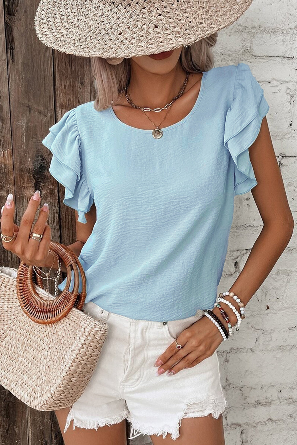 Mist Blue Solid Color Rusfled Manga corta