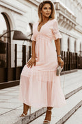 Vestido largo con ribete de encaje y lunares suizos